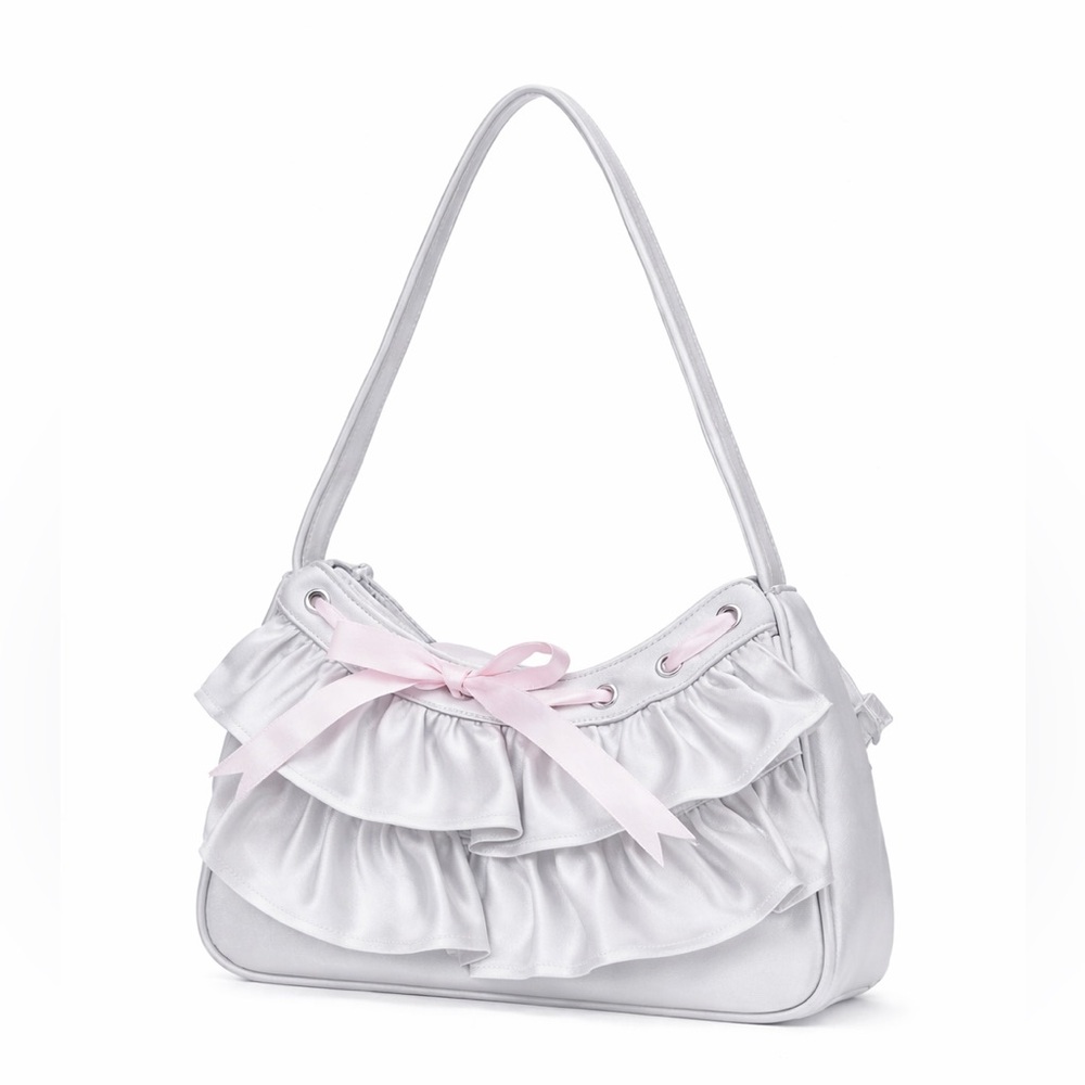 Satin Ruffle Ribbon Bow Handbag Clutch Evening Bag Purse Silver With Pink Bow